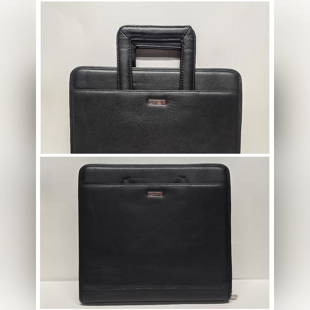 Franklin Covey Black Leather Zipper 3 Ring Binder Briefcase Retractable Handles